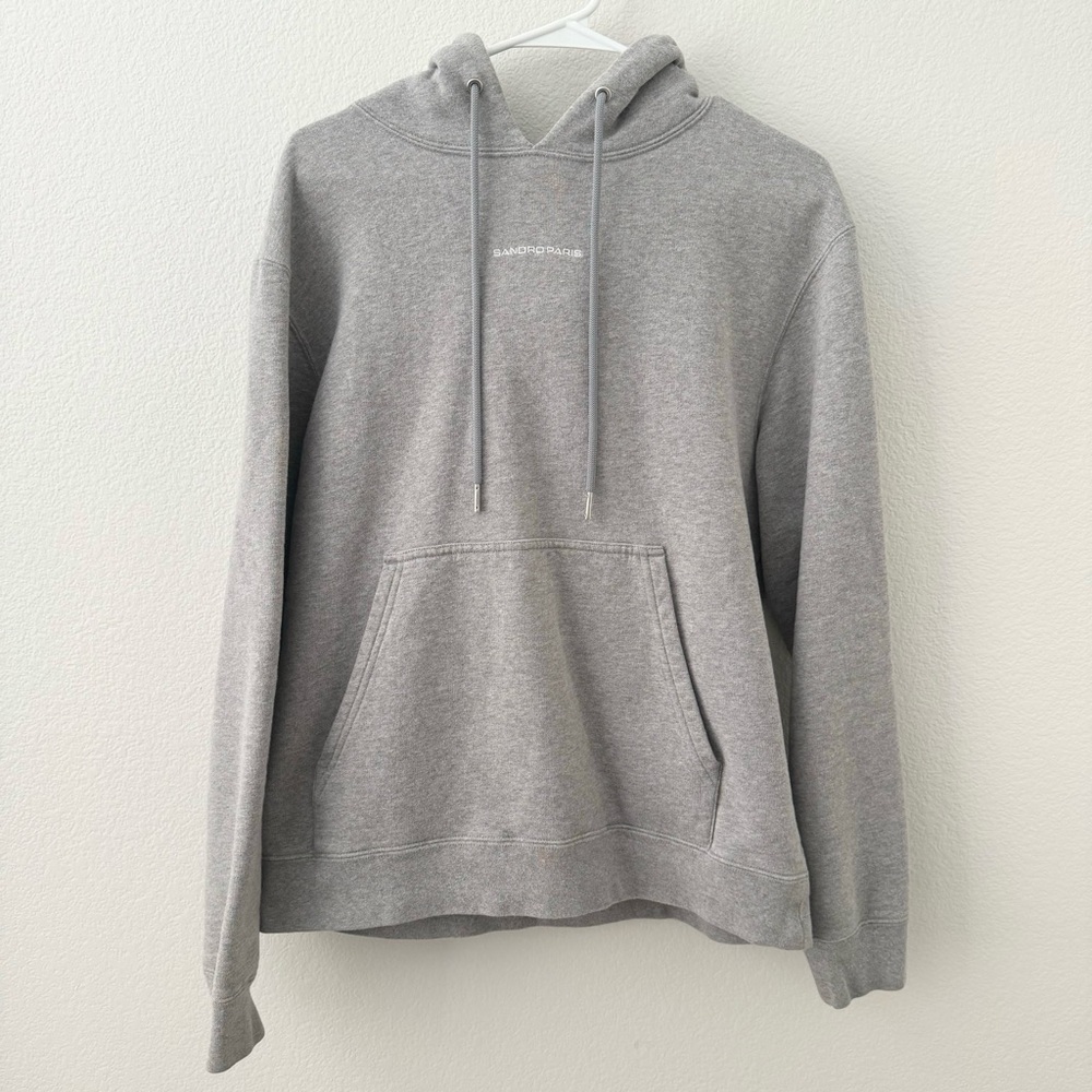 men sandro grey white cotton embroidered logo sweater hoodie pullover sweatshirt